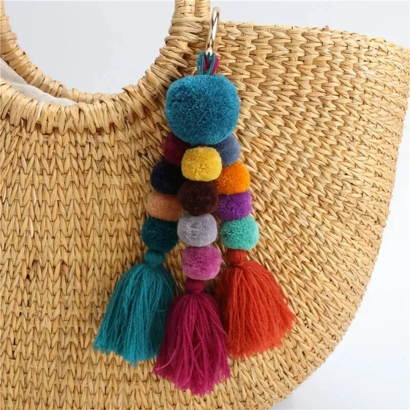 1pc  Bohemian Accessories Handmade Keychain Beads Chain Pompom Hand Bag Hanging Key Chains For New Year Gift