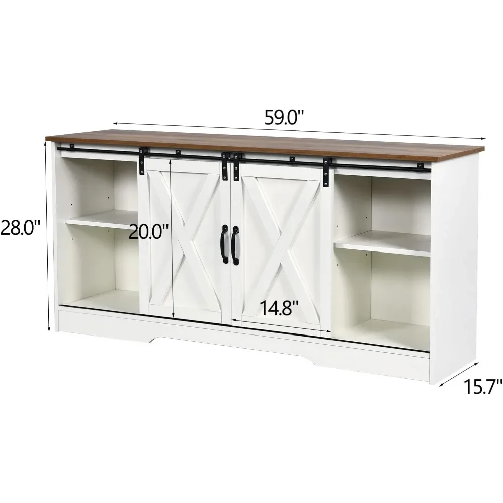 for White TV Stand  for Living Room, Modern Farmhouse Barn Door with Storage Cabinets and Adjustable Shelves TV Stand