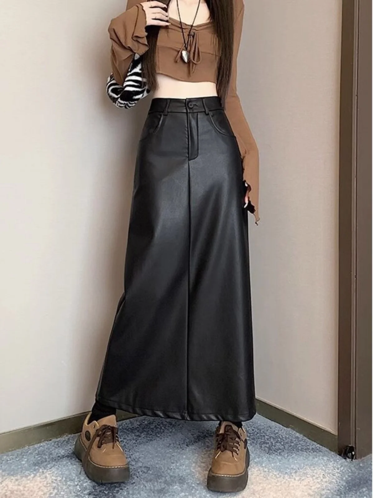 ارتفاع الخصر ألف خط تنورة بولي Leather جلد المرأة الخريف Faion التخسيس منتصف طول انقسام التنانير الكورية Sle تخفيف #3