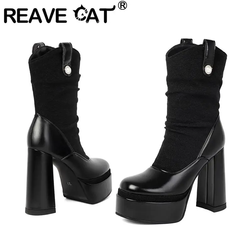 

REAVE CAT 2026 Fashion Design Women Mid Calf Boots Round Toe 13cm High Heel 4.5cm Platform Slip On Black Large Sizes 41-42