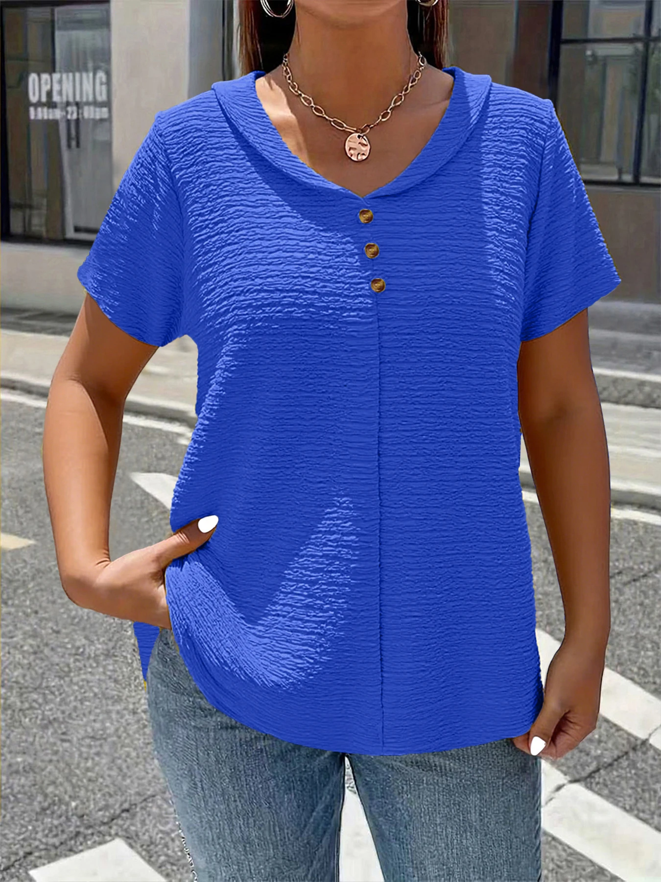 Plus size spring and summer new fashionable elegant pure color textured fabric buttoned doll neck short sleeve multi-scene match