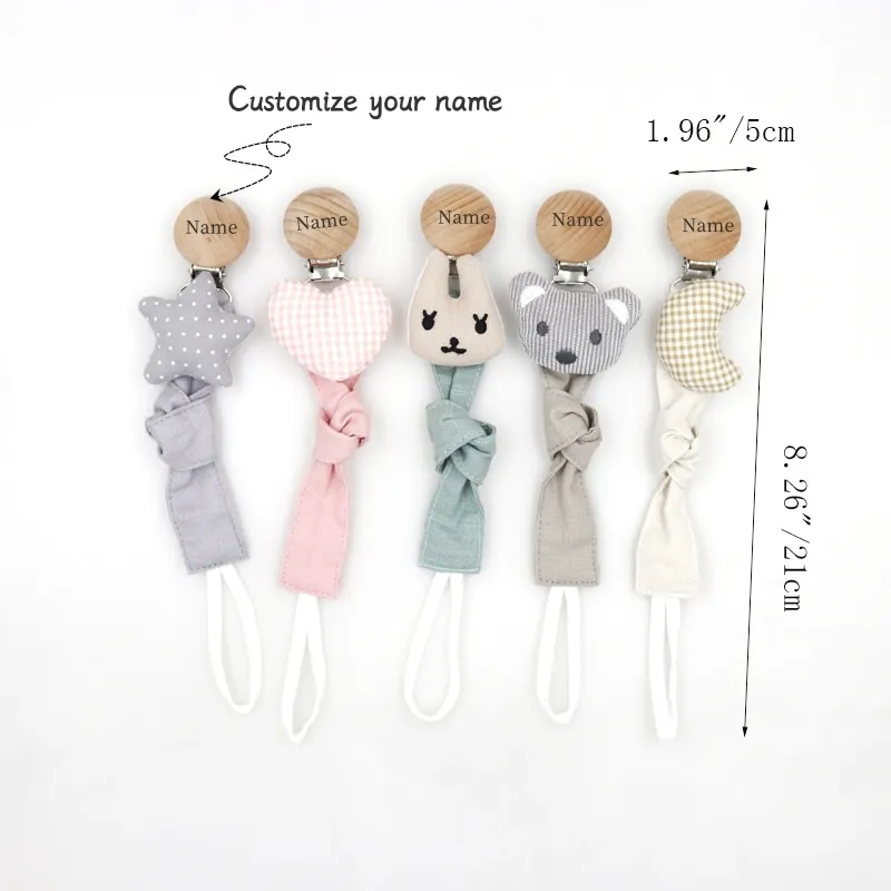 Custom Name Fabric Pacifier Clip, Cotton Cute Heart Animal Bunny Moon Star Pacifier Clip, Antique Design Anti-Drop Chain