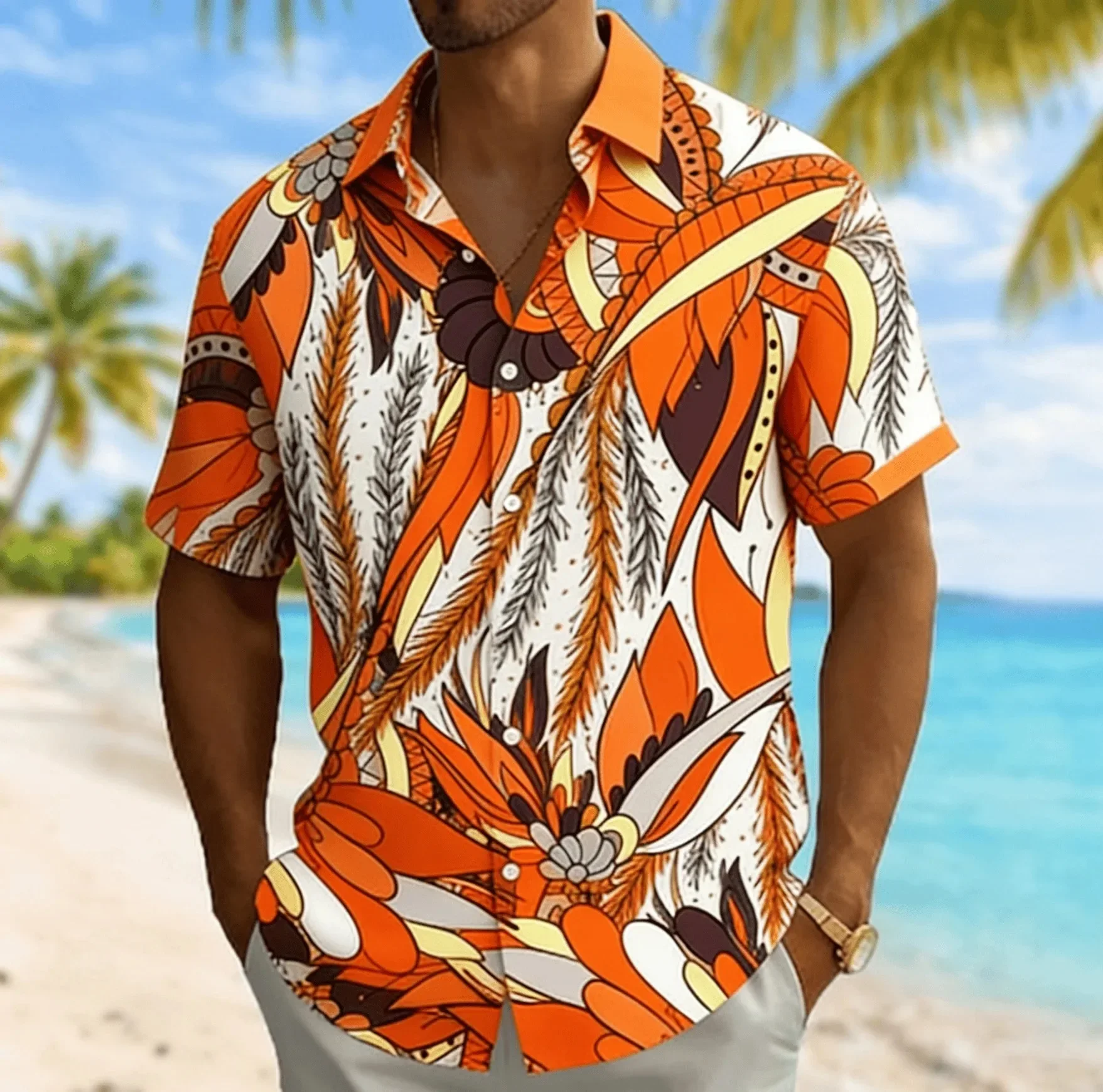 2026 Men's Hawaiian Vacation Style Short Sleeved Shirt with Retro Plant Flower Print Loose Casual Beach Top