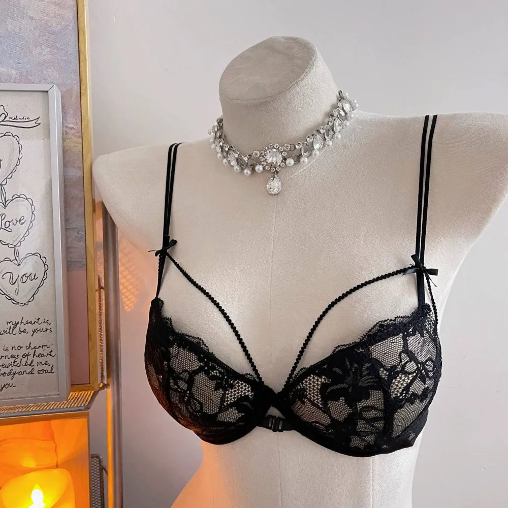 Women Ladies Thin Strap Lace Front Fasten Bra Set Wireless Small Bust Push Up Side Shaping Sexy Back Comfort Brassiere Set S-XL