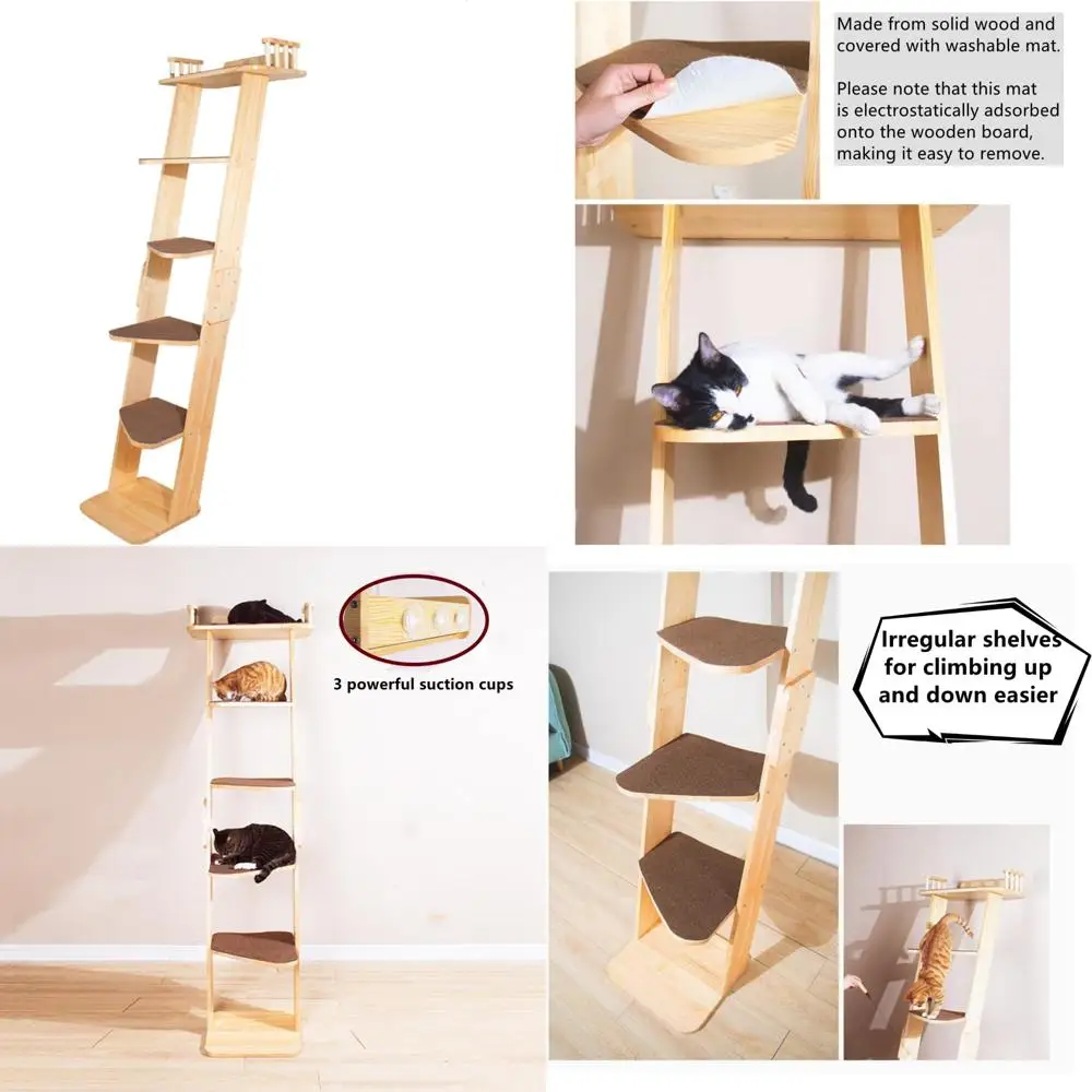 

70-Inch Tall 6-Level Leaning Cat Climbing Tree with Large Perch Platform for Wall or Window, Solid Wood Construction