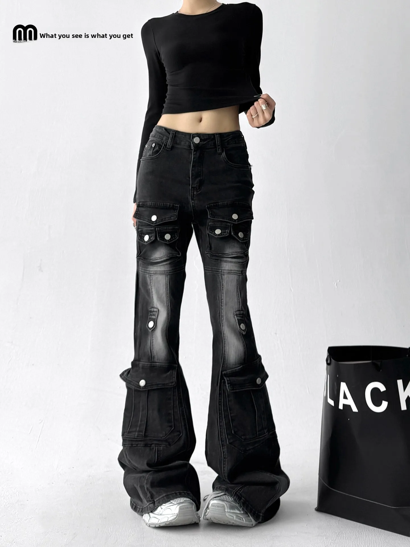 

Women's Slim Fit Casual Jeans Bell Bot Multiple kets Low Waist Cotton Stretchy Faion Autumn Wear Versatile Straight Leg