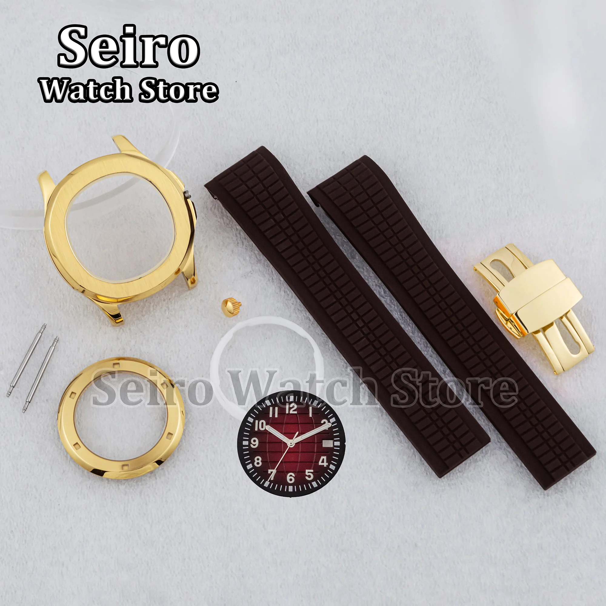 PVD Gold 42MM Watch Case Rubber Strap Blue Brown Bracelet 32MM Luminous Dial Hands for AQUANAUT Nautilus NH35 NH36 Movement