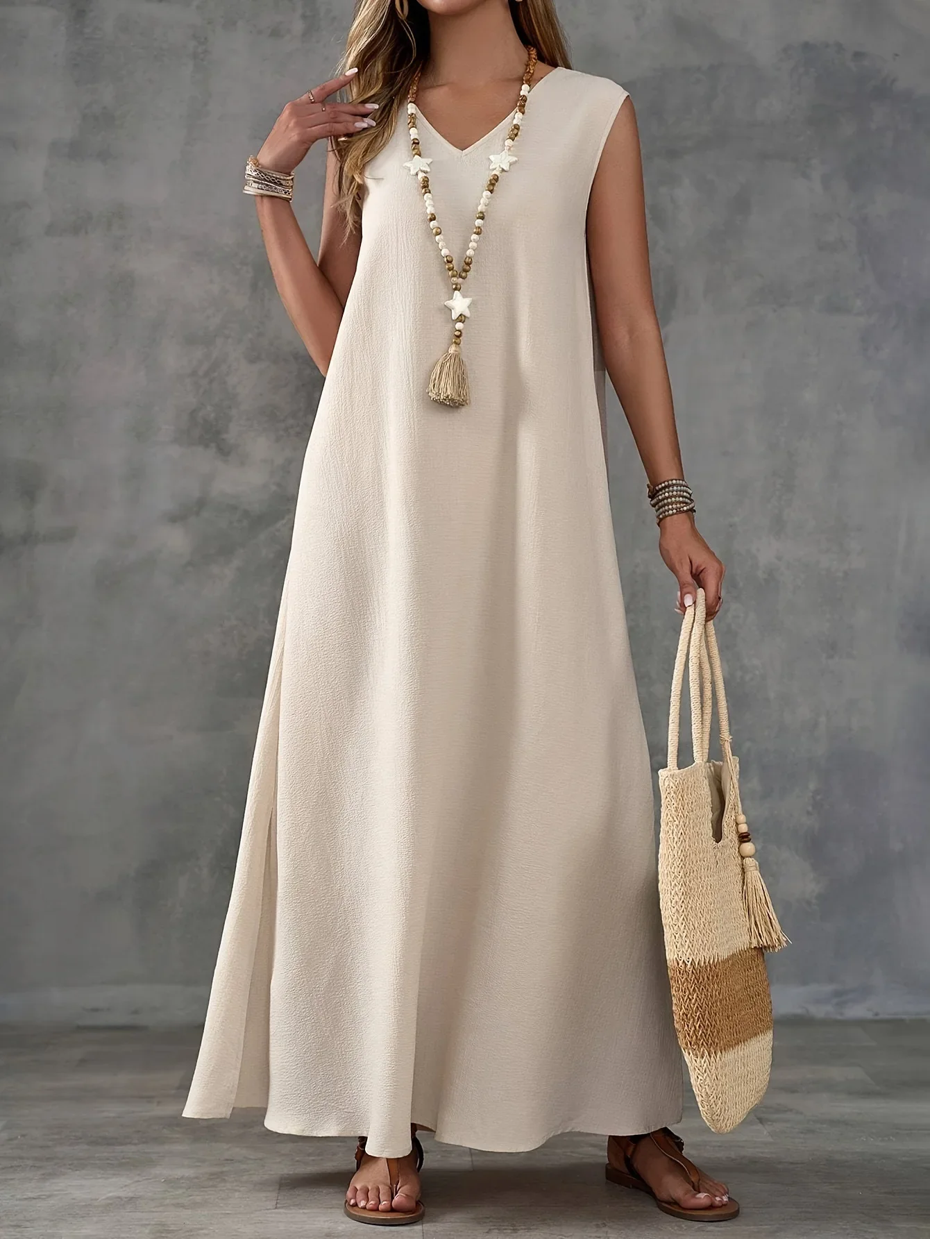 

2025 Spring Cotton Linen Women Dress Long Black V-neck Sleeveless Loose A-line Dresses Female Elegant Trendy Casual Lady Clothes