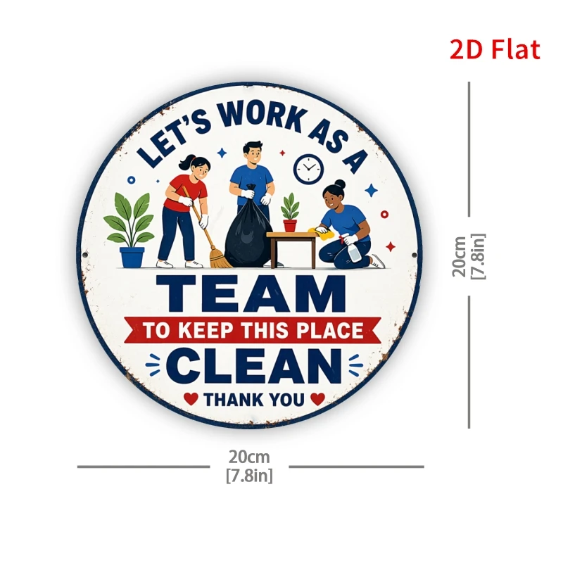 2D Flat - - [2Dflat], 1pc 7.87X7.87inch- Let'S Work As A Team to Keep This Place Clean Round Sign, Office Cleaning Wall Decor, M