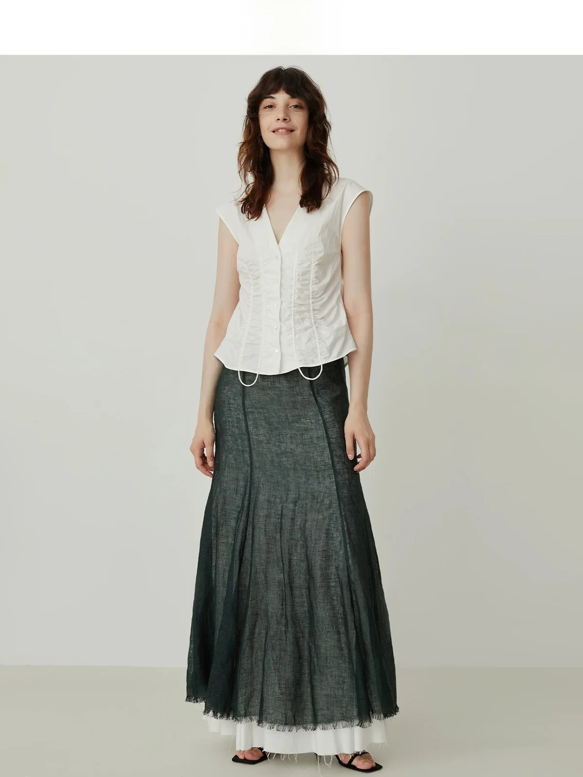 

Sagestudio Color Block Half Skirt Hem Frayed North Country Green Midi Skirt Elegant Fish Tail Design Hemp Material