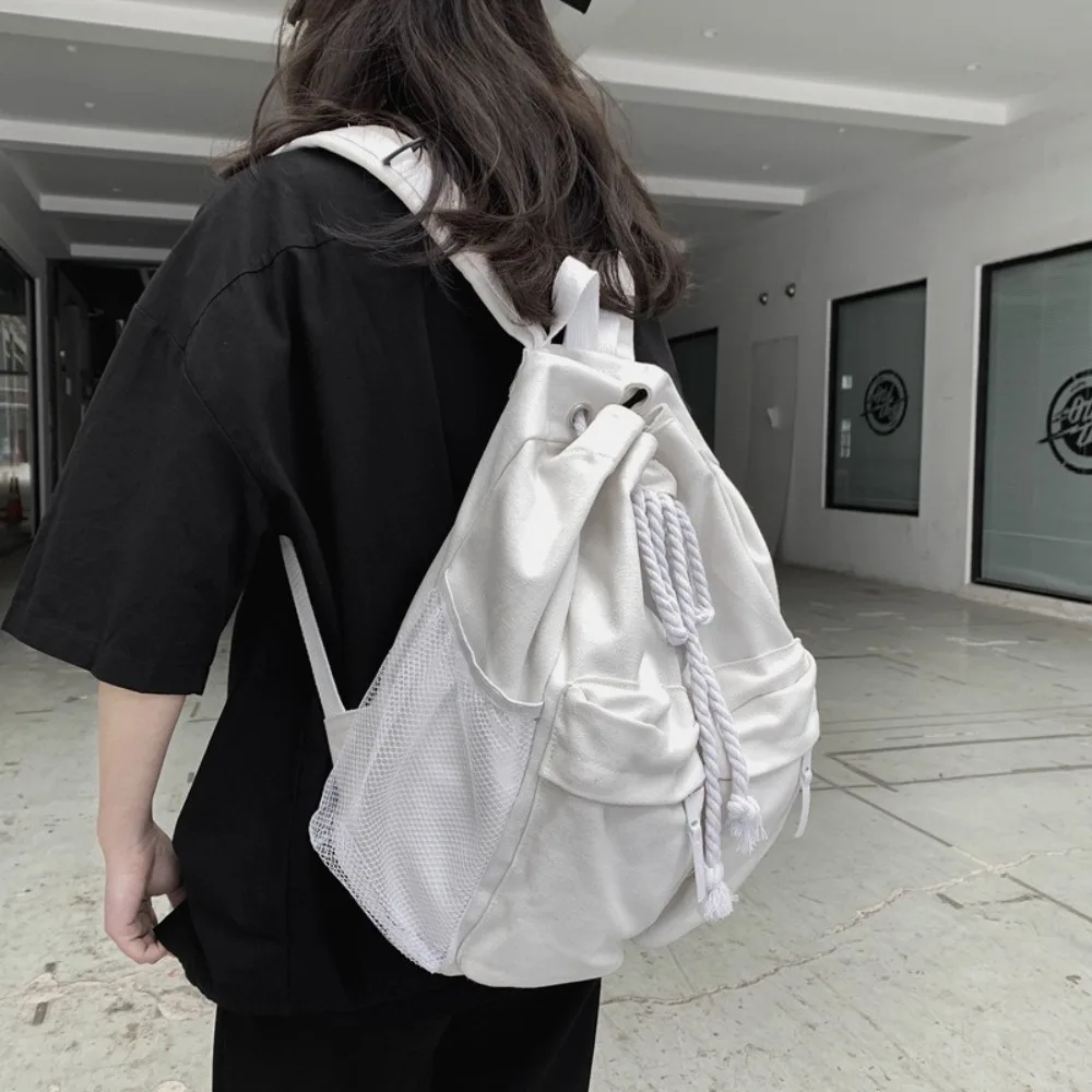 

New Large Capacity Drawstring Backpacks Canvas Multiple Pockets Shoulder Bag Solid Color Travel Rucksack Adults