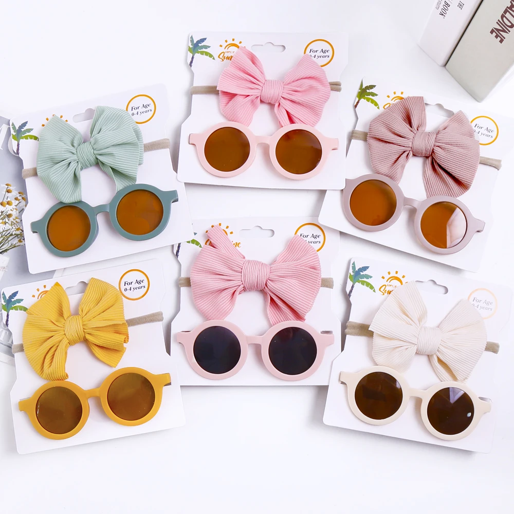 2Pcs/Pack Headband With Round Sunglasses Set For Children Baby Vintage Bows Summer Glasses Kids Hair Accessories