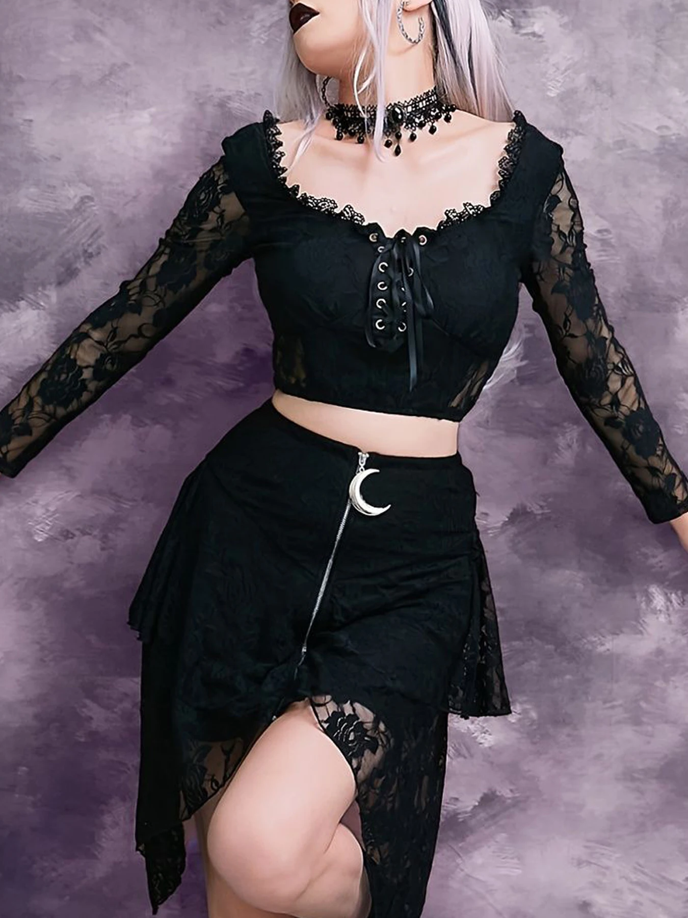 Goth Dark Mesh Patchwork Mall Gothic Aesthetic Blouses Lace Trim Grunge Punk Bandage Crop Tops Skinny Women Vneck Sexy Alt Shirt