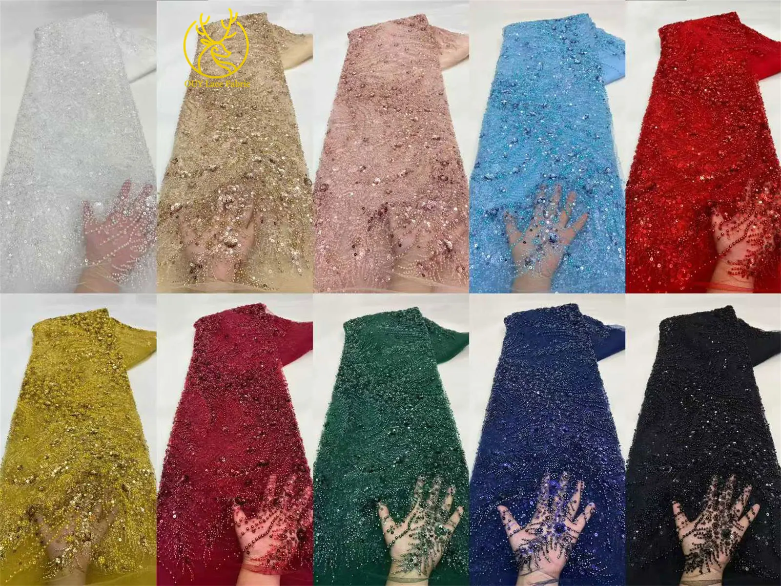 2026 Luxuriöser, zarter Netzstoff mit Perlenstickerei, 5 Yards, eleganter, hochwertiger afrikanischer Spitzenstoff für Hochzeits- und Abendkleider zum Nähen – Detail 3