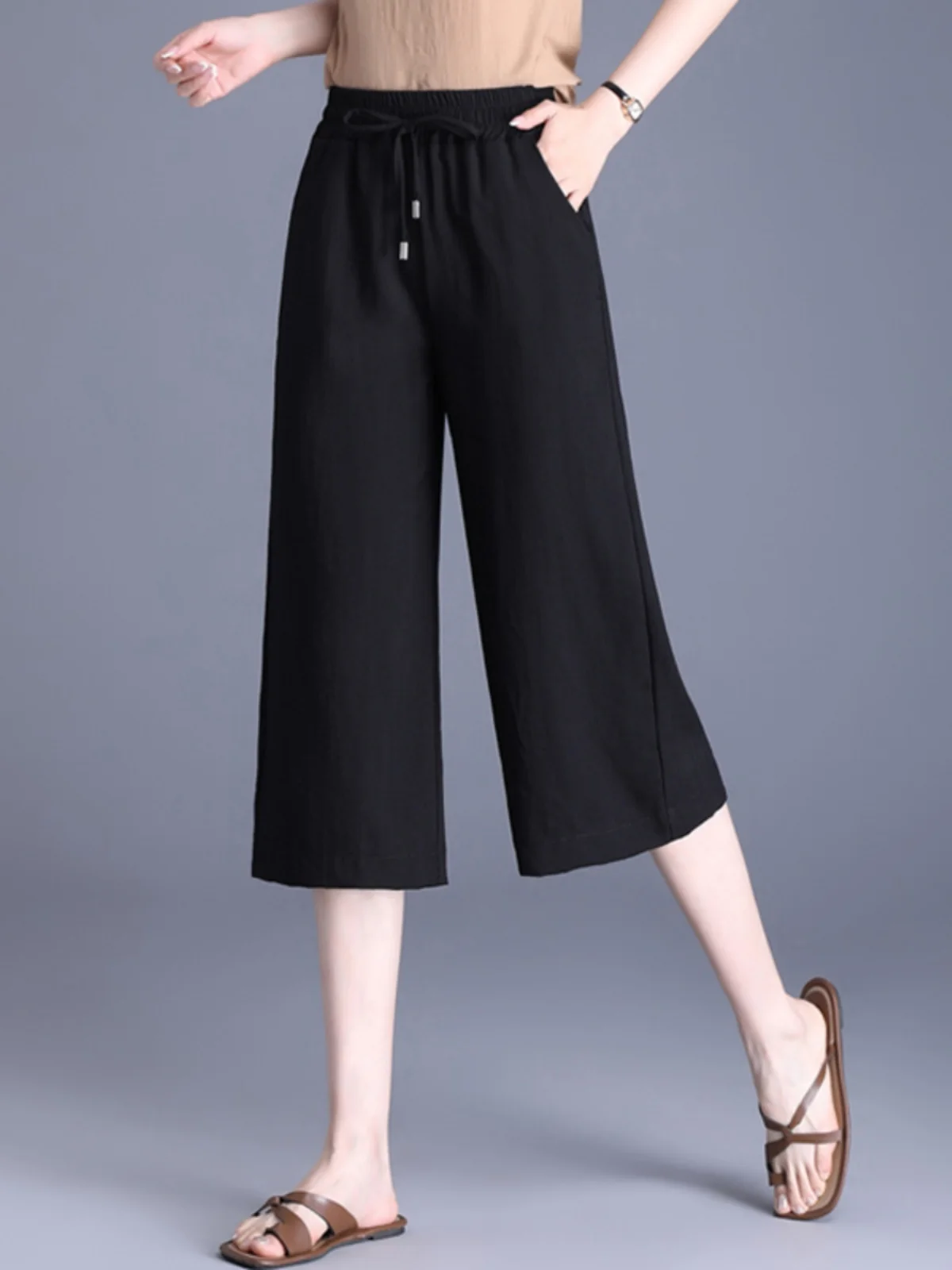 กางเกงขายาวทรงหลวมสำหรับฤดูร้อน ผู้หญิงไซส์ใหญ่ เอวสูง ความยาวเจ็ดส่วน สไตล์ลำลอง เหมาะสำหรับคุณแม่วัยกลางคน