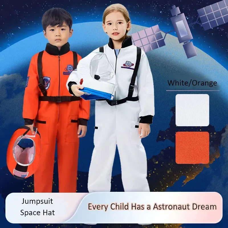 

2025 Halloween Costume de Cosplay Spaceman pour Enfants, Combinaison avec Casque Spatial, Orange et Blanc, Garçons et Bol