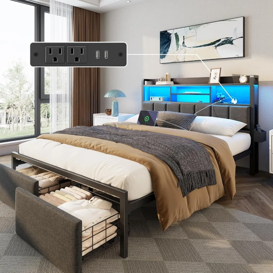 Full Size Bed Frame with Upholstered Headboard Featuring Built-in Storage Drawers Integrated Charging Station and Ambient LED L