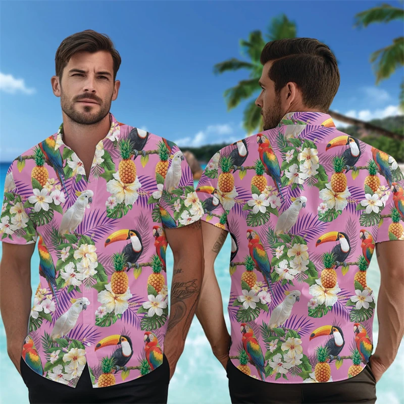 Cute Parrot Toucan 3D Print Shirts For Men Clothes Summer Vacation Hawaii Travel Beach Shirts Aloha Birds Lapel Blouse Women Top