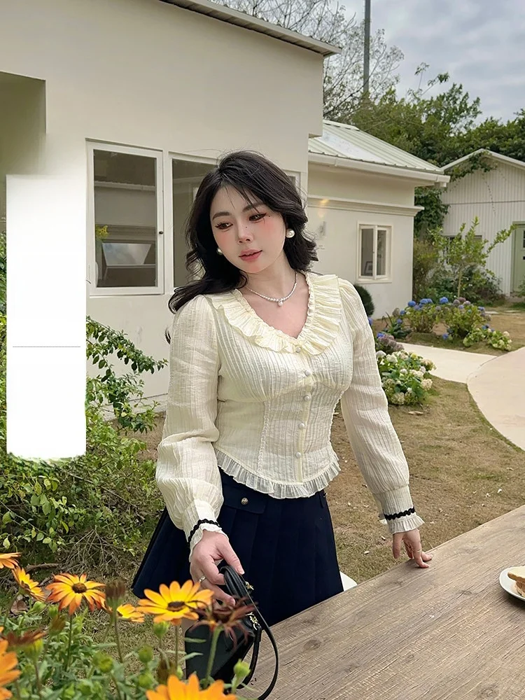 

Sweet Sle Slim Fit Long Sve ort irt Women's plus Size Doll Collar Embellied Button up Top for Spring Faion