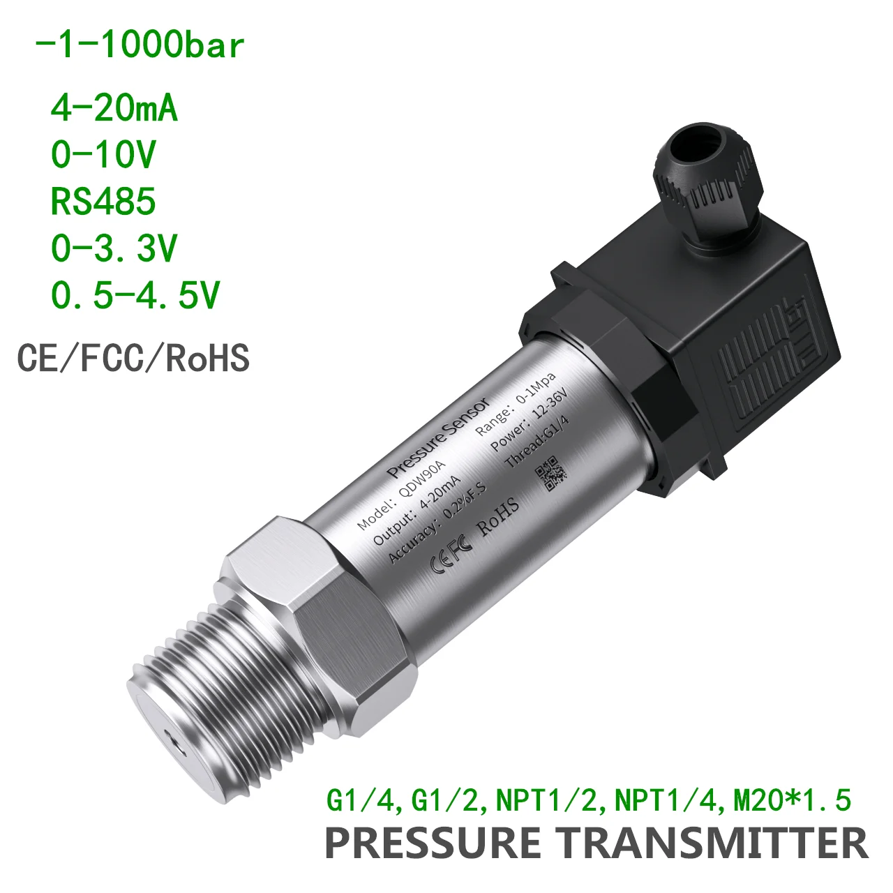 Pressure Transmitter 4-20mA 0-3.3V 10V RS485 Output G1/4