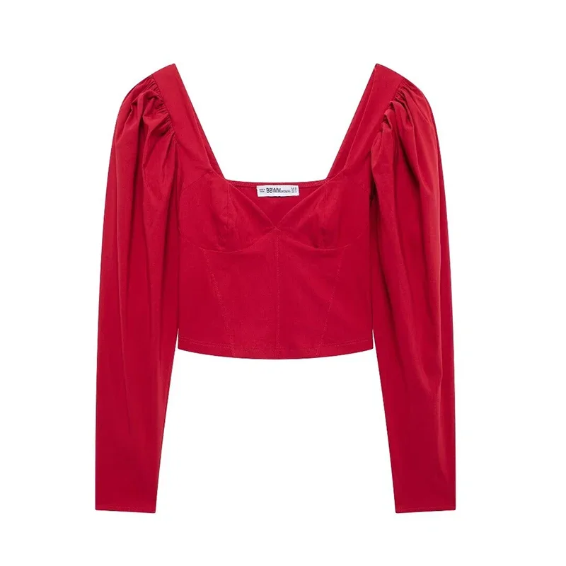 

Women Fashion Red Backless Cropped T-Shirt Vintage Heart Neck Long Sleeves Female Chic Lady Blouse