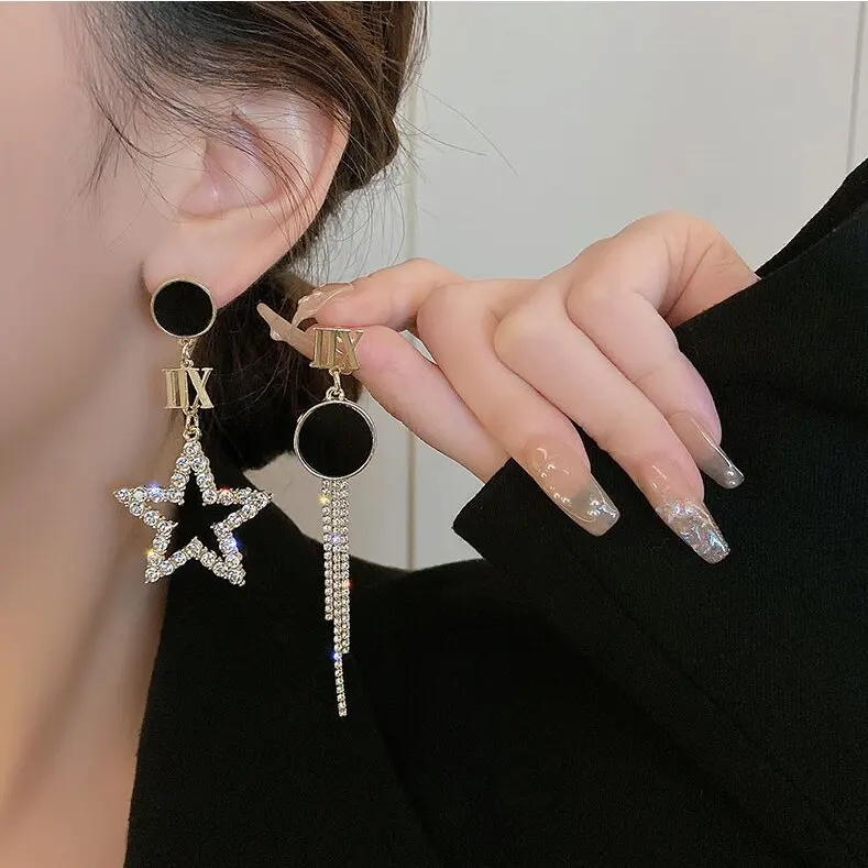 

Exquisite AB pentagram earrings trendy foreign style exaggerated asymmetric temperament atmosphere