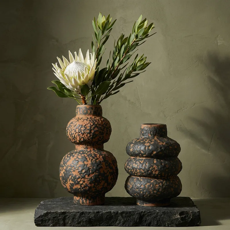Rusty and Mottled Gourd Ceramic Vase, Living Room Flower Arrangement, Zen Inspired Coarse Ceramic Flowerpot, Home Decoration