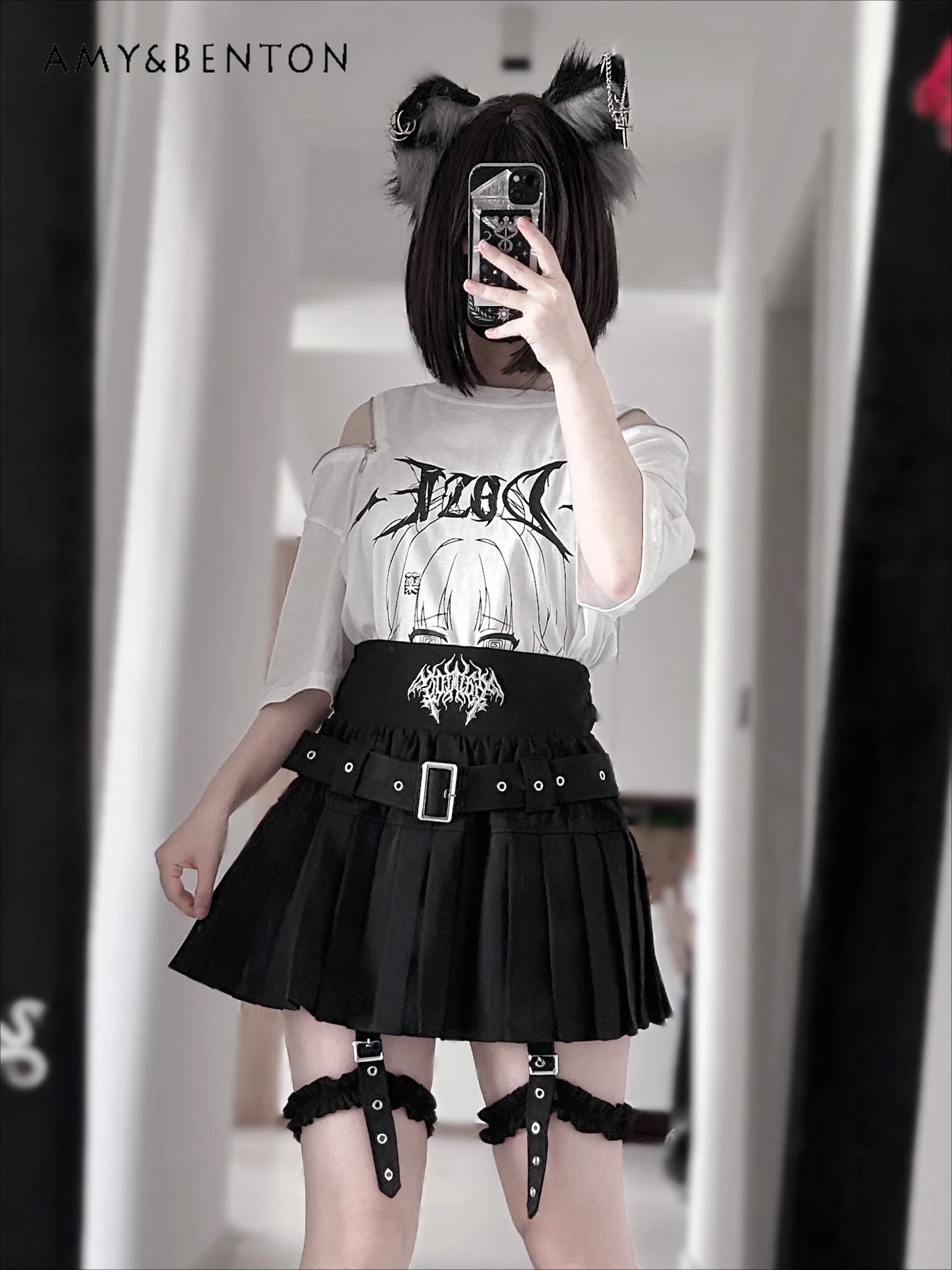 

Dark Original High Waist Subculture Print Pleated Skirt Women Japanese Slim Leg Ring Embroidery Punk Skirt Black A-line Skirts