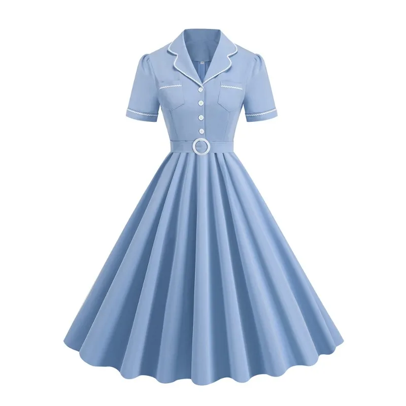 

Notched Collar Pockets Vintage Swing Dress Blue Solid Long Dresses for Women Summer Button Up Elegant Formal Dresses Ropa Mujer