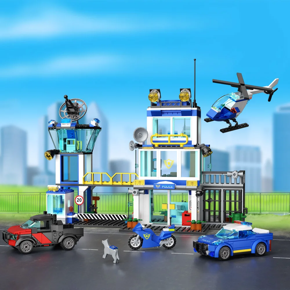 

MOC City Police Station Model Building Block Police School Motorcycle Car Plane Police Dog Animal Assembled Brick Toy Adult Gift