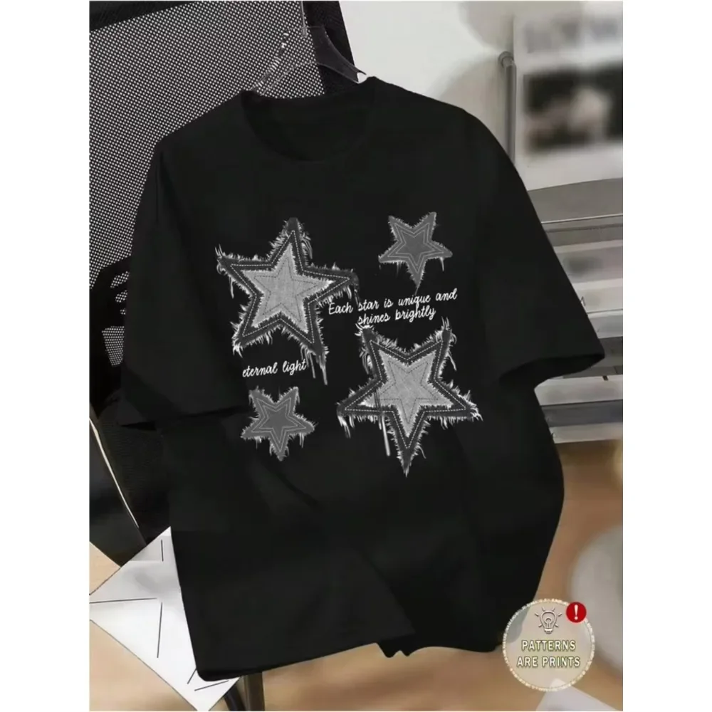 Men Women's T-shirt Distressed Denim Star Print Graphic T-Shirt Casual Crew Neck Short Sleeve Tee Top for All-Season Daily Wear