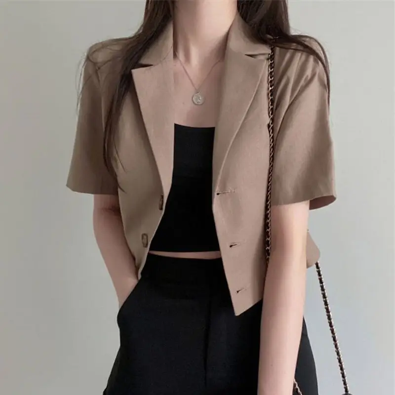 Elegant Fashion Harajuku Slim Fit Female Clothes Loose Casual All Match Tops Solid Button Thin Style Short Sleeve Outerwear