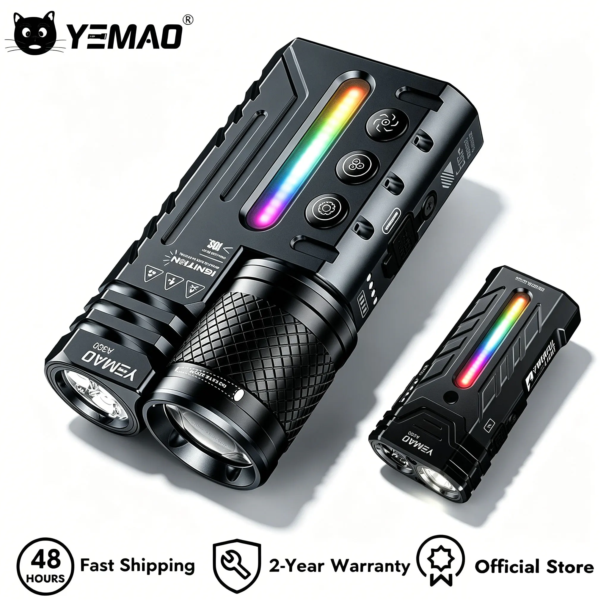 Tri-Switch Tactical Flashlight 29 Modes Dual Bulb Zoom+Fixed Focus RGB Side Light 4800mAh USB-C Magnetic Base