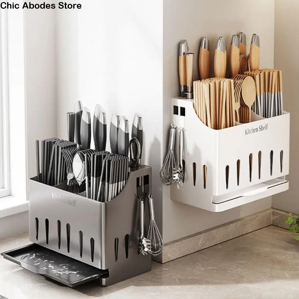 

С сливным поддоном, держатель для столовых приборов, встроенная клетка для палочек из нержавеющей стали, большая вместимость, подвесная ложка, вилка, органайзер, столешница