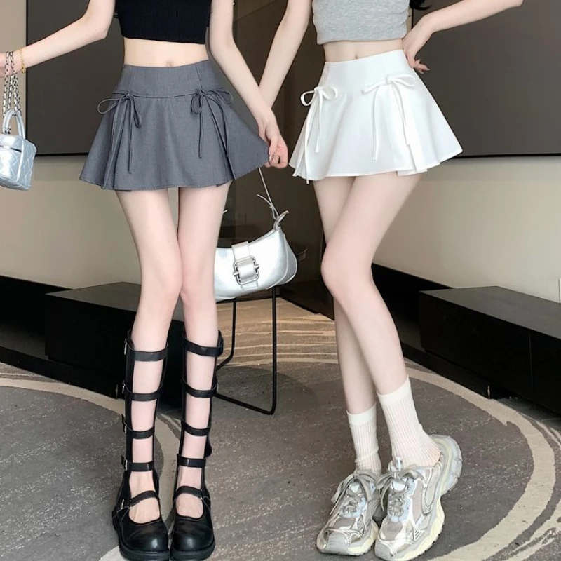 Preppy Style Mini Skirt with Bow Women Kawaii Low Waist Pleated Short Skirt Female Summer A Line Y2K 90s Cute Outfit Faldas New