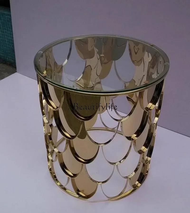 

01LLight luxury stainless steel corner table designer creative fish scale living room home marble balcony small coffee table