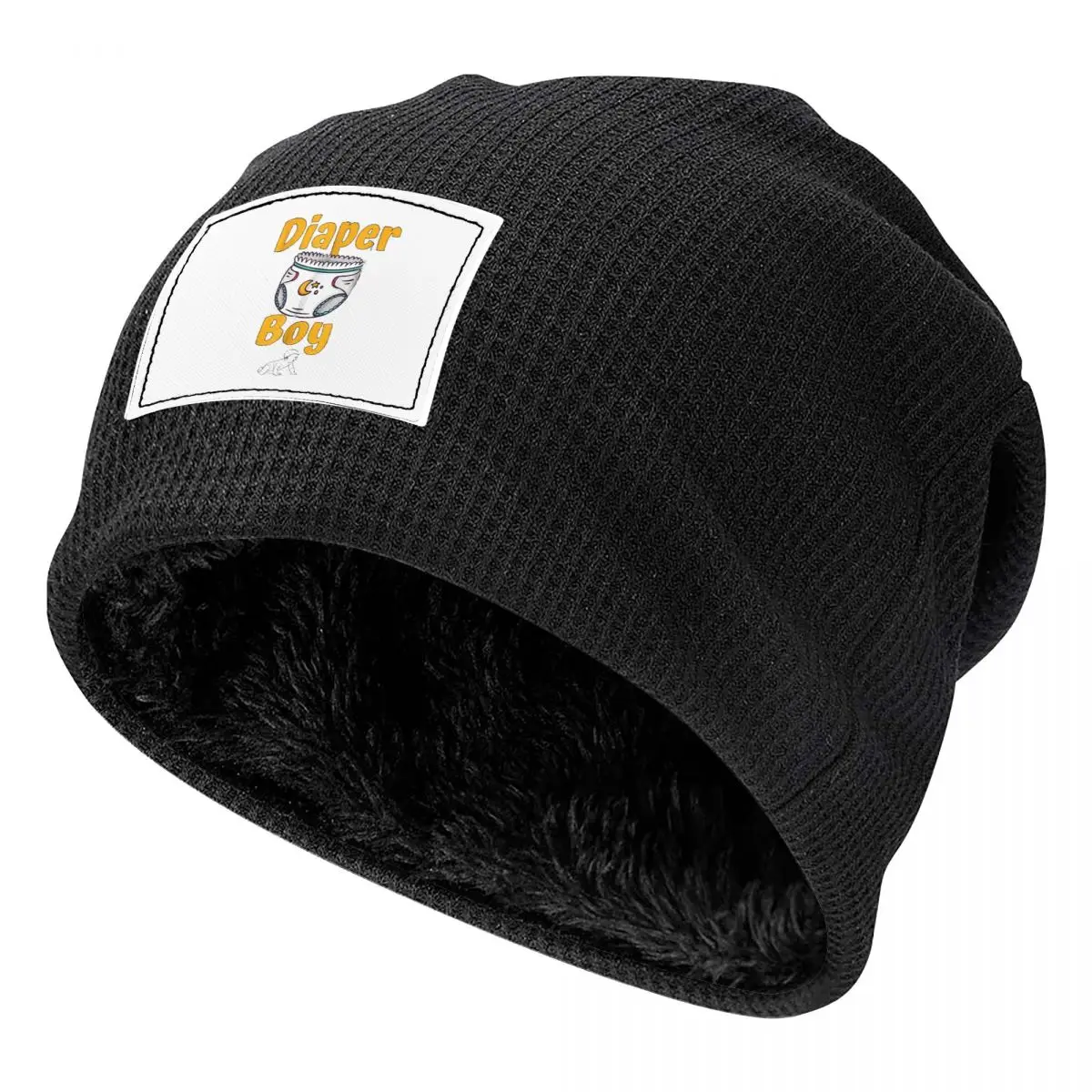 Diaper Boy Waffle Knit Fleece Lined Beanie with PU Leather Patch Unisex Warm Winter Soft Cap