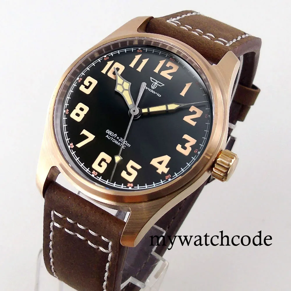 Tandorio Cusn8 Genuine Bronze Pilot Watch Men 200M Diver NH35A PT5000 Automatic Wristwatch Sapphire Field-Watch Military Clock