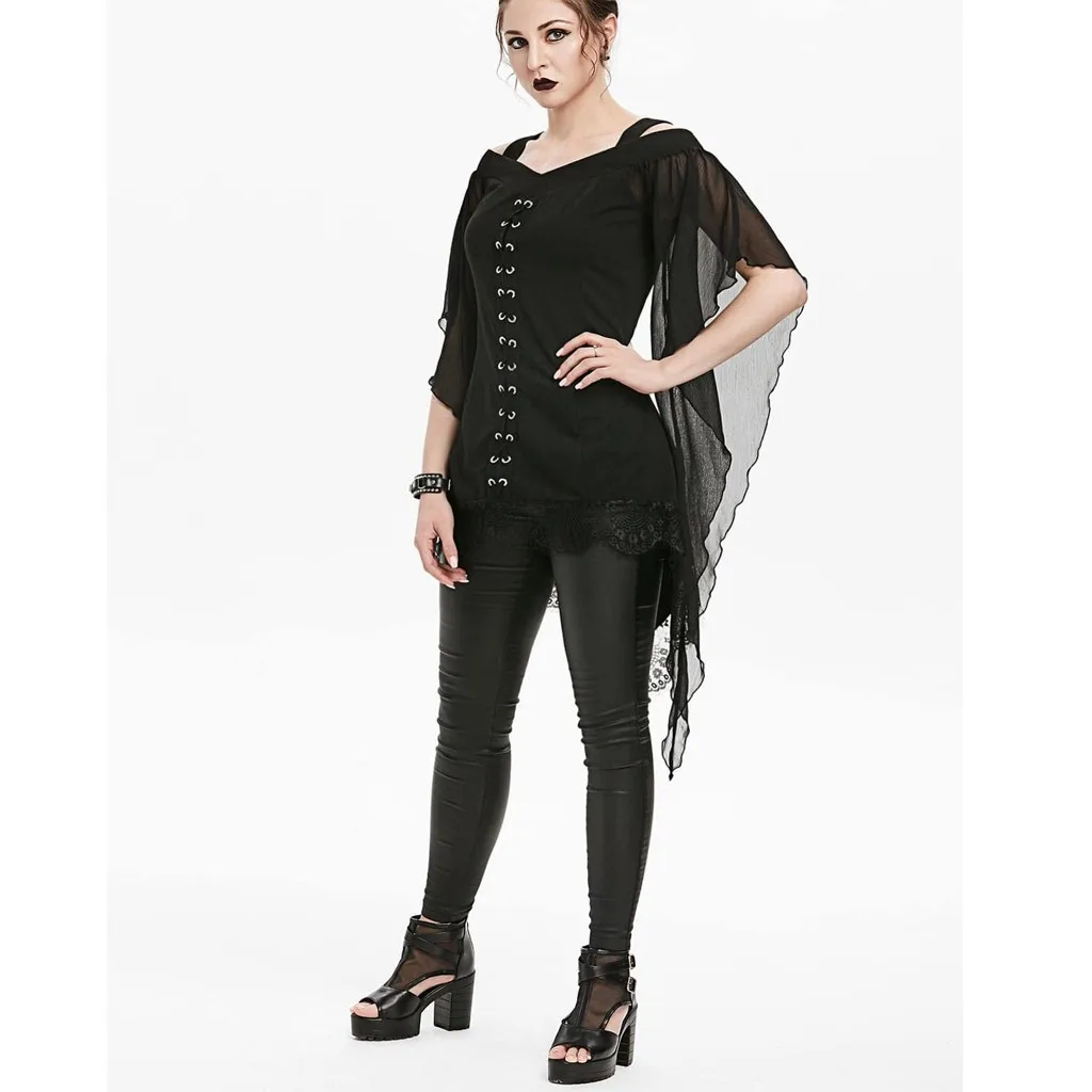 

Halloween Witch Top Batwing Sleeve V-Neck Vintage Costume Halloween Black Gothic T-Shirt Mesh Cocktail Strap Lace Patchwork