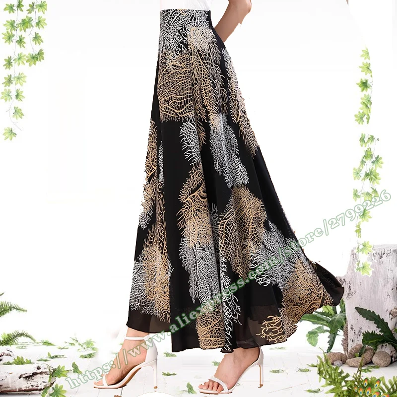 2025 Summer Women's plus size Black White Leaf Patterns print Chiffon Women's Long Ladies Skirt elegant female Maxi skirts women