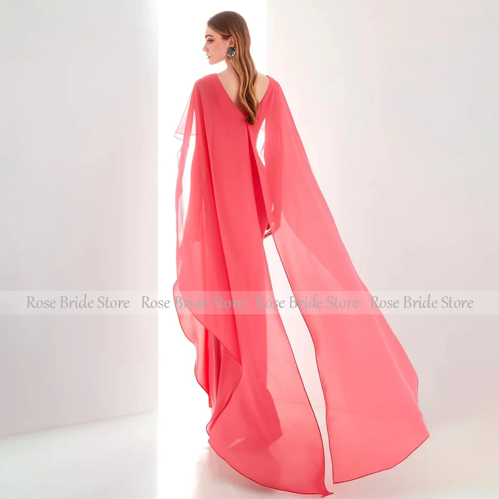 Peach Wedding Guest Dresses for Women Deep V Neck Mermaid Formal Party Gowns Long Chiffon Draped Cape Elegant Evening Dress 2024