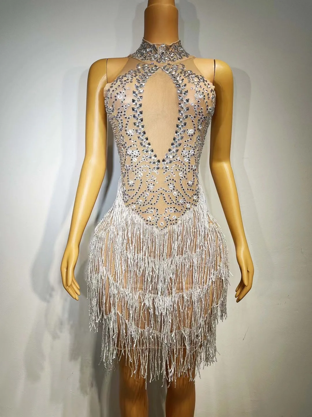 Sexy Sparkly Rhinestones White Fringes Sleeveless Dress Women Stage Performance Wear Dance Singer Photoshoot Dress