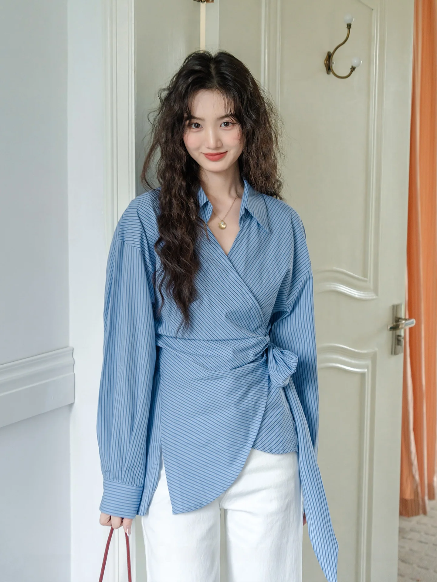 

Ele Blue Striped Long Sve irt Waist Cinched Asymmetrical French Sle Cotton Women's Busin Casual irt