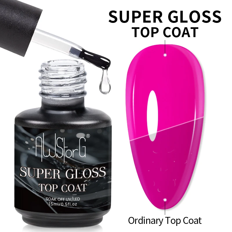AWStorG 15ml Super Gloss Top Coat Long Lasting Clear Top Coat LED UV Strengthen Nails High Gloss Top Finish Gel Nail Polish
