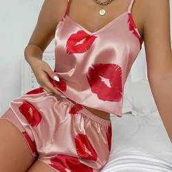 Women's Cute Heart Print Satin Pajama Set - V Neck Cami Top and Elastic Shorts for Comfortable Sleep and Lounging Homewear