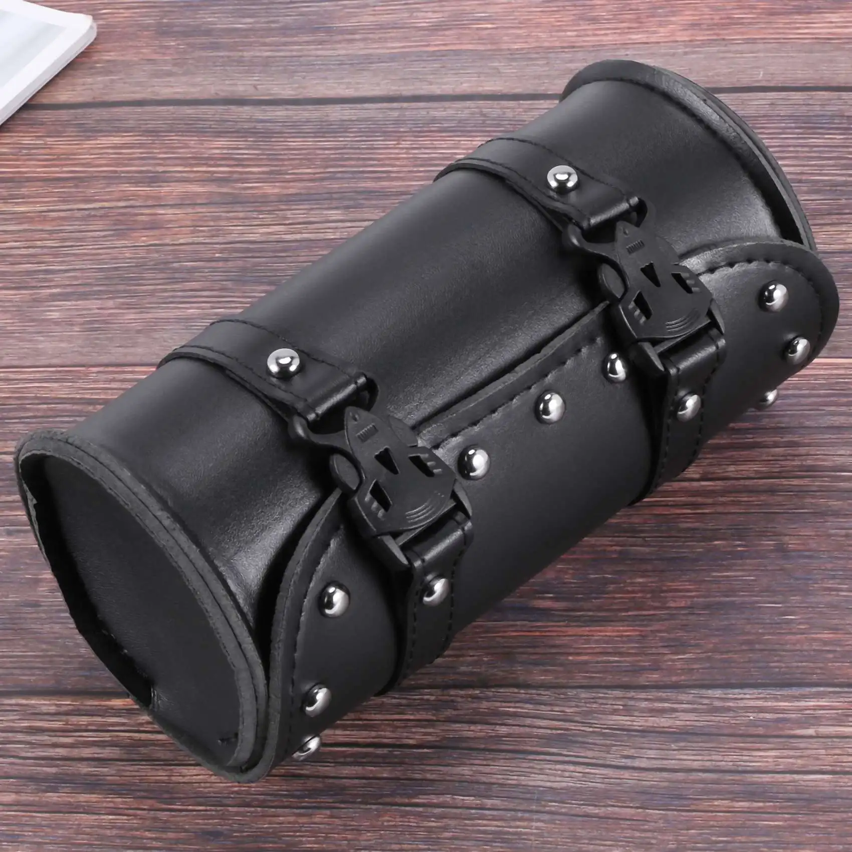 A56P-Motorcycle Leather Universal Tool Round Roller Saddle Bag Fork For Travel Suitcase