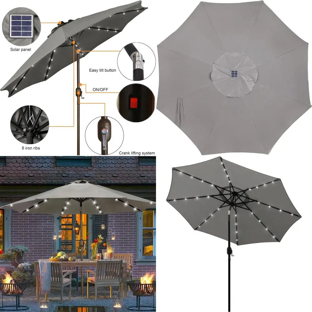 

9 ft Solar-Powered LED Lighted Patio Umbrella for Outdoor Garden, Deck, Backyard, and Beach (Grey)