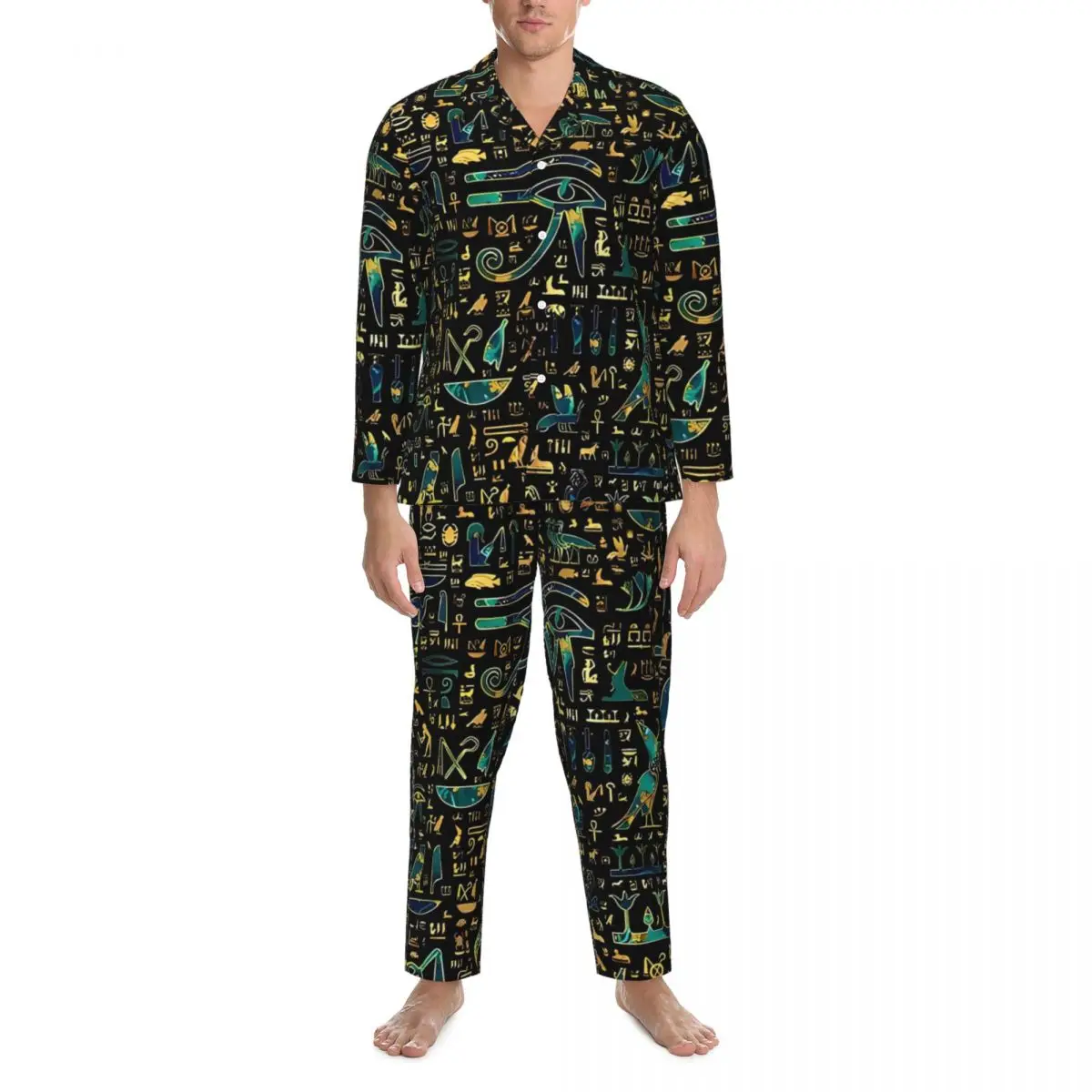 Pyjama Man Oude Egyptische Kunst Thuis Nachtkleding Marmer en Goud Tweedelige Pyjama Set Lange Mouw Romantisch Oversized Thuispak