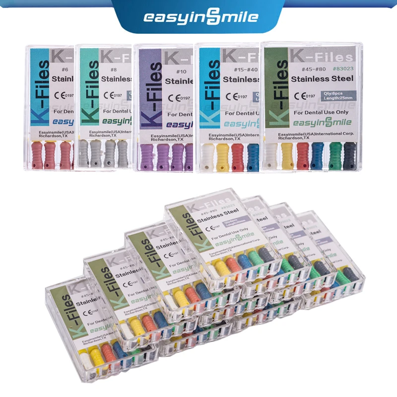 10 opakowań plików EASYINSMILE Endo K # 6 # 8 # 10 # 15 # 20 # 25 # 30 # 15-40 # 45-80 Dental Root Canal ze stali nierdzewnej do użytku ręcznego Trwałe 25MM