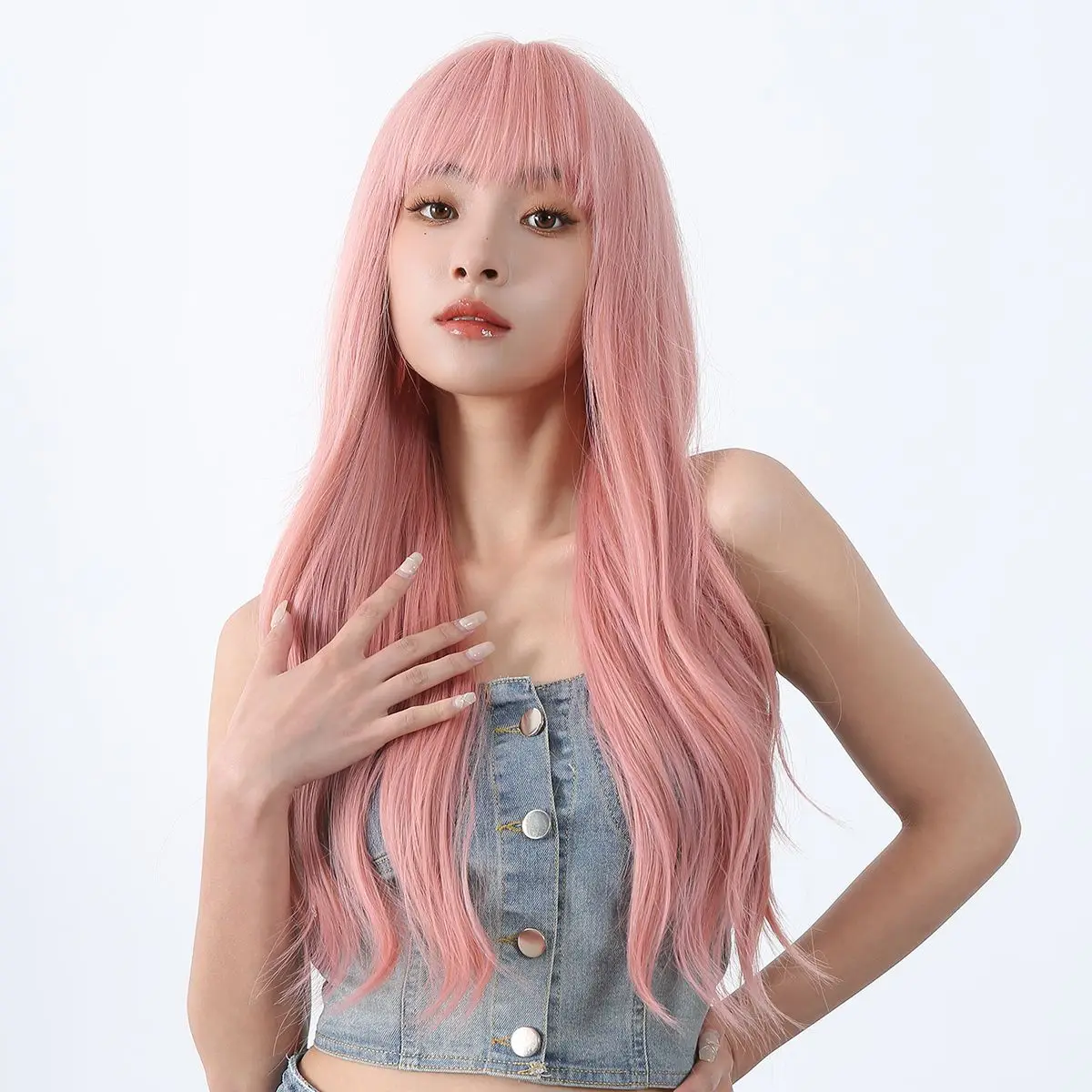 شعر مستعار نسائي طويل مجعد أبيض كوري عتيق وردي قذر شعر طويل مجعد موجة كبيرة غطاء محرك السيارة الكامل #5